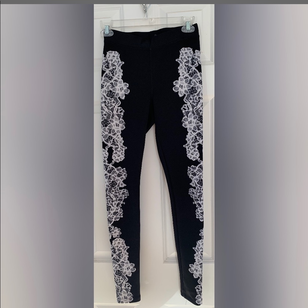 Express Black Leggings w/ White Flower Detailing